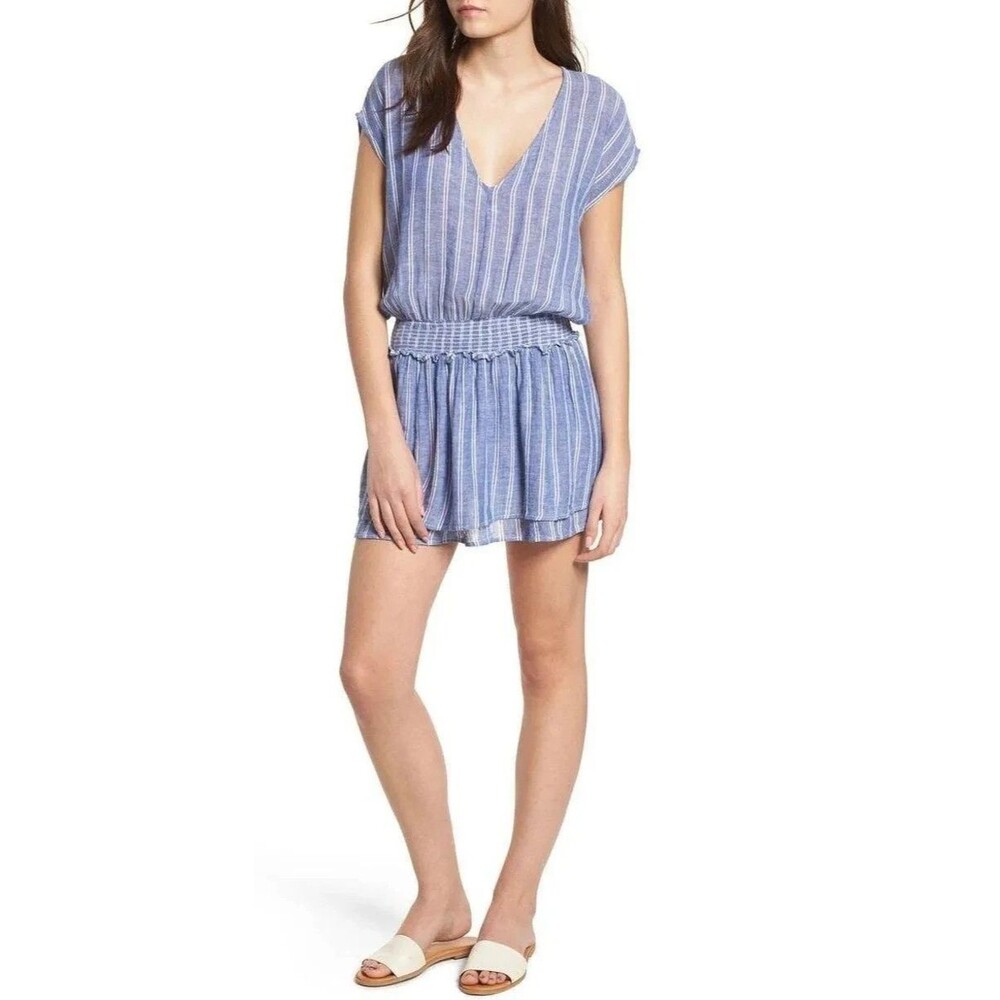 Rails Dress Lucca Romana Stripe Mini Sleeveless Linen Blend V-neck Blue Women XS